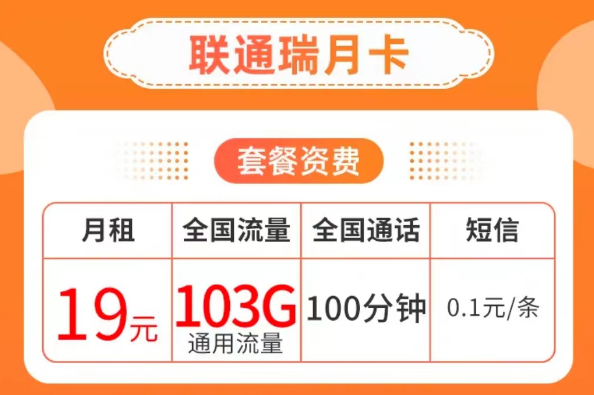 19元103G純通用流量卡套餐|聯通瑞月卡、聯通流量王卡|103G通用+100分鐘語音