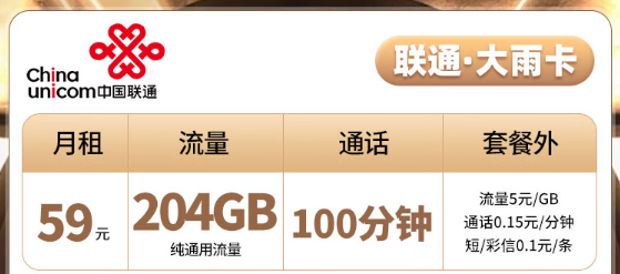 聯(lián)通大雨卡|204G純通用無定向、聯(lián)通云周卡|100G通用免費領(lǐng)取！