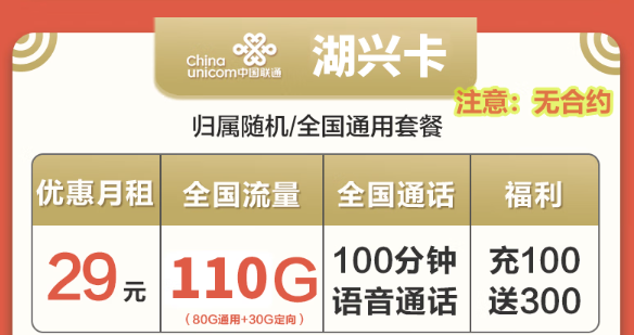 聯通湖興卡29元110G無合約+聯通楓槌卡59元302G全通用！